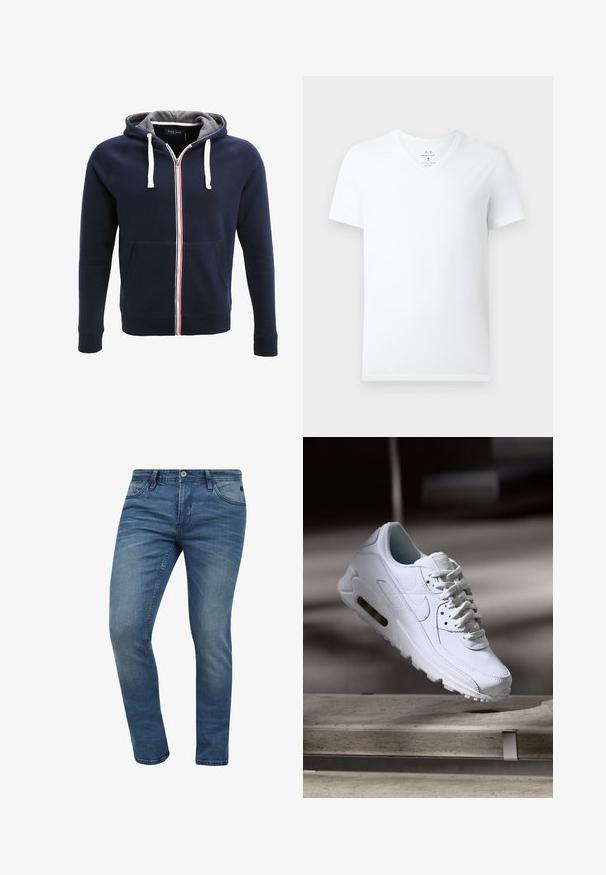 Marineblå zip-up hoodie med grå inderside, hvide snore og en rød og hvid stribe ned ad midten. Har frontlommer.; Hvid bomulds T-shirt med korte ærmer og V-hals, med Armani Exchange label indeni kraven, vist på en ensfarvet baggrund.; Tætsiddende blå denim jeans med en falmet vask, fem lomme-design og lukning med metalknap. Stoffet har en let tekstur og syninger.; Hvide lædersneakers med teksturerede overflader, polstret krave og synlig luftpolstring i sålen. Har snørrebånd og et minimalistisk design.
