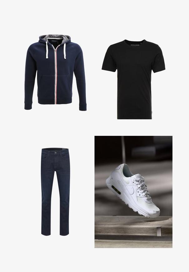 Tumesinine tõmbluku hoodie halli sisemusega, valgete nööridega ja punase ja valge triibuga keskel. Omab eesmist taskut.; Musthave lühikeste varrukatega must T-särk, mis on valmistatud puuvillast, eristuva ümara kaelusega ja diskreetse logo sildiga külgedel. Lihtne ja mitmekülgne disain.; Tumed sinine denimist teksapüksid sirge jalaga, viie tasku disainiga, nööbkinnitusega ja kerge fade'iga. Omab sujuvat tekstuuri ja vastupidavat kangast.; Valged Nike Air Max 90 sneakers, millel on võrkkangast ja nahast ülemine osa, aukudega varbadosa ning nähtav õhuüksus kandades.