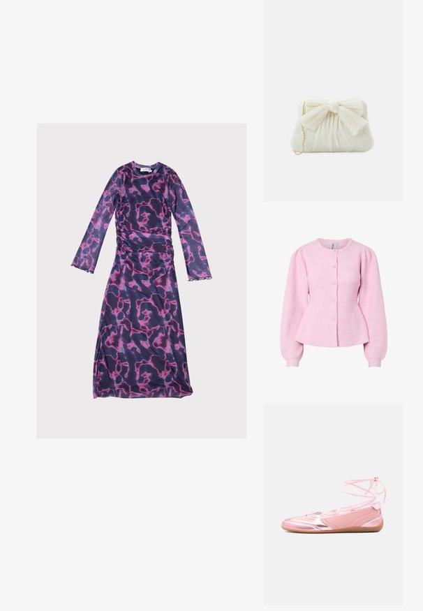 Cardigan côtelé rose avec manches longues bouffantes, encolure arrondie et fermeture à boutons sur le devant ; confectionné dans un matériau doux et texturé.; Robe à manches longues avec un motif abstrait violet et rose, présentant des côtés froncés et desOurlets festonnés, fabriquée en tissu léger et extensible.; Ballerines roses avec accents métalliques, texture lisse et design à lacets. Elles possèdent une semelle fine et flexible ainsi qu'un logo sur le côté.; Sac à main plissé blanc avec un nœud proéminent et une chaîne dorée. Texture douce avec un design froncé à l'avant.