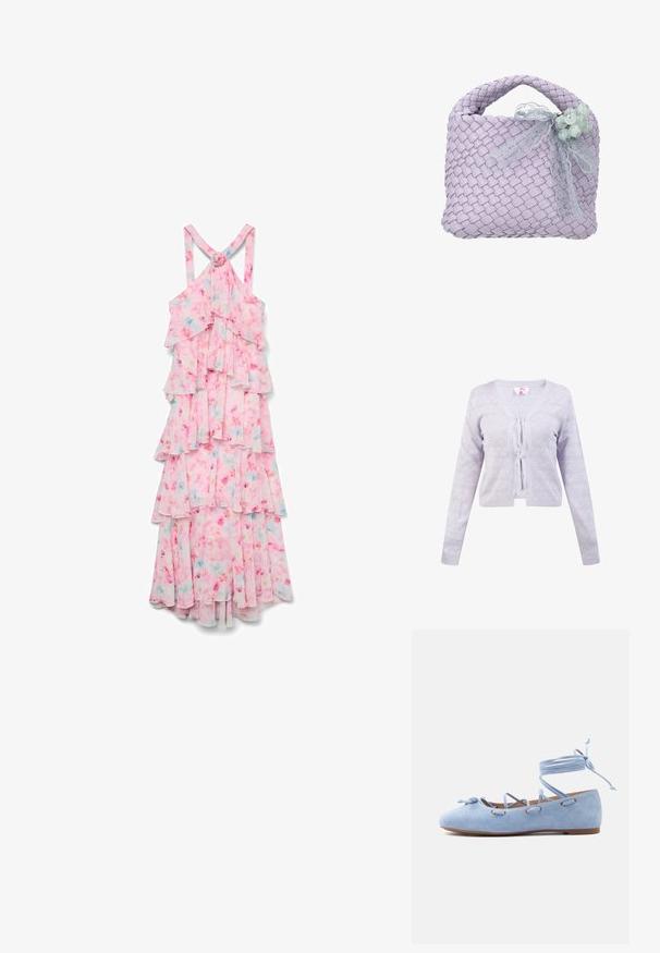 Lys lavendel strikket cardigan med lange ærmer, geometrisk hulmønster og lukning foran med bindebånd.; Vero Moda VMFELICIA SL RUFFLE MAXI DRESS EXP - Maxikjoler - pink tulle; Lyseblå ruskind balletflat med snøresnore, der omslutter anklen, og en lille sløjfe på tåen.; Lavendelvævet håndtaske med flettet hank, dekoreret med gennemsigtig blonderbånd og en klynge af lysegrønne perler.