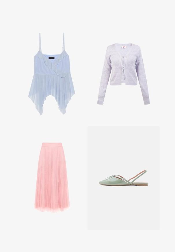 Licht lavendelkleurig gebreid vest met lange mouwen, geometrisch oogjespatroon en een sluiting met strik aan de voorkant.; Even&Odd by Zalando Top - sky blue; zero MIT PLIESSENDEM BECHER - Plooirok - bridal rose; Glanzende lichtgroene platte schoen met spits toelopende neus, slingback bandje en kleine decoratieve strik bovenop, zijaanzicht op een witte achtergrond.