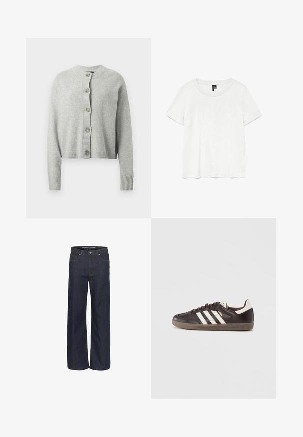 Hellgraue Strickjacke aus weichem Stoff mit rundem Ausschnitt, langen Ärmeln und vorderem Knopfverschluss mit großen, runden Knöpfen.; Weißes T-Shirt mit kurzen Ärmeln und rundem Ausschnitt, hergestellt aus leichtem Stoff. Schlichtes Design, glatte Textur und gerader Saum.; Dunkelblaues, weites Jeanspaar mit hoher Taille, das über fünf Taschen, kontrastierende Nähte und einen rohen Saum am unteren Ende verfügt.; Dunkelbraune Ledersneaker mit weißem Drei-Streifen-Design, einer Gummisohle und dem Schriftzug "Samba" in goldener Schrift an der Seite. Klassische, niedrige Form.