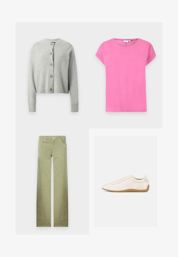 Hellgraue Strickjacke aus weichem Stoff mit rundem Ausschnitt, langen Ärmeln und vorderem Knopfverschluss mit großen, runden Knöpfen.; Rosa T-Shirt mit kurzen Ärmeln und Rundhalsausschnitt, mit umgeschlagenen Ärmelsäumen und glatter, einheitlicher Stoffstruktur auf weißem Hintergrund.; Grüne Baumwollhosen mit geradem Bein-Design, ausgestattet mit Vorderaschen, einem Knopfverschluss und einem klaren, strukturierten Stofffinish.; Weißer Ledersneaker mit glatter Textur, abgerundetem Zehenbereich und tonalen Nähten. Verfügt über eine braune Gummisohle und eine Schnürverschluss.