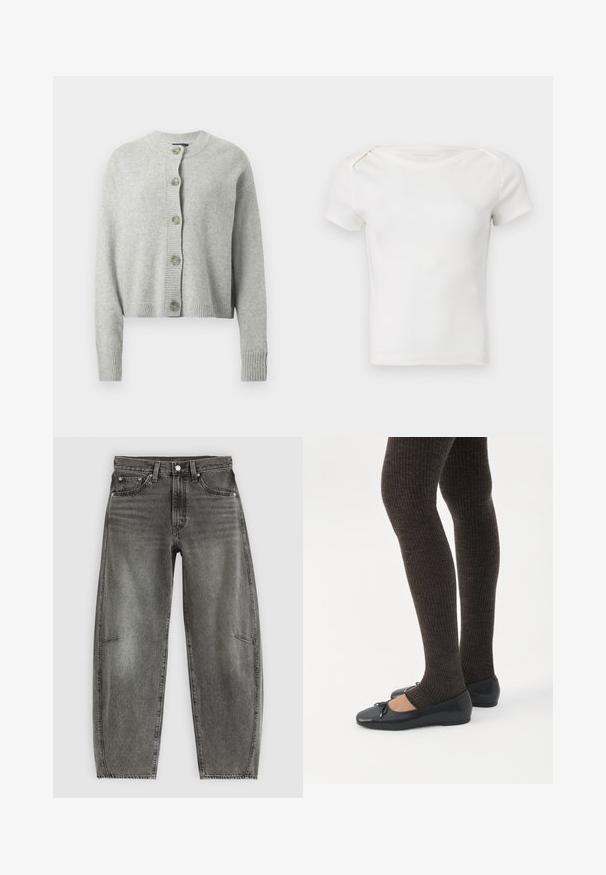 Cardigan gris clair en tissu doux, doté d'un col rond, de manches longues et d'une fermeture à boutons sur le devant avec de grands boutons ronds.; Haut blanc à manches courtes en maille côtelée pour bébé ou tout-petit, avec un col rond et des pressions à l'épaule, sur un fond uni.; Jeans en denim gris délavé taille haute avec cinq poches, fermeture à bouton et coupe droite relaxée.; Jambes portant des leggings côtelés foncés associés à des ballerines noires avec de petits détails en nœud sur fond blanc.