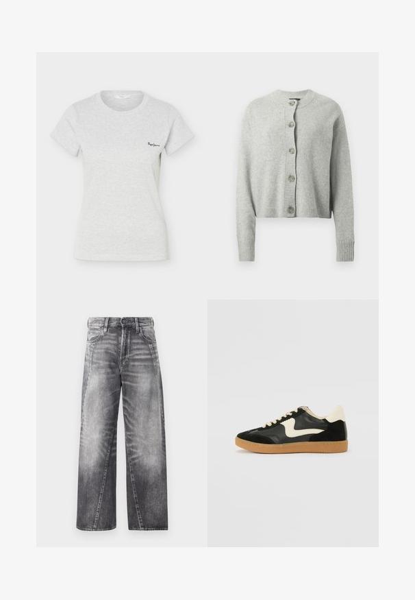 Lichtgrijze cardigan van zacht materiaal, met een ronde hals, lange mouwen en een sluiting met grote, ronde knopen aan de voorkant.; Lichtgrijs geribd T-shirt met korte mouwen, ronde hals en klein zwart "Pepe Jeans" logo op de linkerborst.; Wijduitlopende jeans in vergrijsd denim. Heeft een klassieke knoop- en ritssluiting, vijf zakken en subtiele whiskeringdetails.; Zwarte suède en leren sneaker met een crèmekleurige zij-swoosh en lichte crèmekleurige hiel. Voorzien van beige veters en een gumrubberen zool.