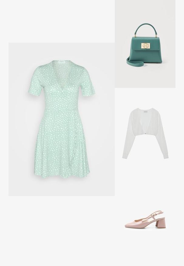 Cárdigan corto blanco con escote en V profundo, hecho de tejido de punto texturizado. Presenta mangas largas y un acento de botón dorado en el cierre.; Even&Odd Vestido ligero - green/white; Zapato de charol rosa con talón abierto, punta cuadrada, correa ajustable y tacón cuadrado. Superficie suave y diseño minimalista.; Bolso de cuero verde azulado con asa superior, correa de hombro ajustable y cierre rectangular en tono dorado en la solapa frontal.