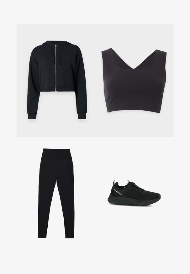Cropped zwarte hoodie gemaakt van zachte stof, voorzien van een rits, voorzakken en trekkoorden op de capuchon. Lange mouwen met aansluitende boorden.; Zwart mouwloos crop top met brede bandjes en een diepe V-hals op een egale lichte achtergrond.; Zwarte legging met een hoge, geribbelde tailleband, naadloos ontwerp, zijzakken en een gladde textuur over het hele oppervlak.; Zwarte sportschoen met een textuur bovenwerk, meshpanelen en een gewatteerde zool. Voorzien van veters en een trekkraag aan de hiel voor gemakkelijk aan- en uittrekken.