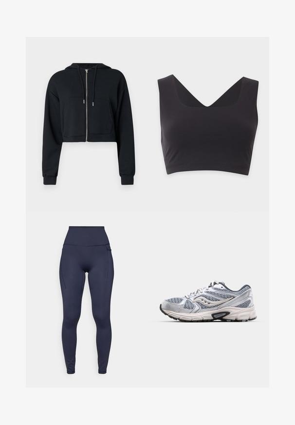 Kort sort hættetrøje lavet af blødt stof, med lynlås, forlommer og snore på hætten. Lange ærmer med tætsiddende manchetter.; Sort ærmeløs crop top med brede stropper og dyb V-hals på en ensfarvet lys baggrund.; Navy højtaljede leggings lavet af strækstof, med et elegant design, sidelommer og flade sømme for komfort.; Sølv løbesko med mesh-overdel, polstret sål og grå accenter. Har en rund tå og snørebåndsdesign. Branded logo synlig.