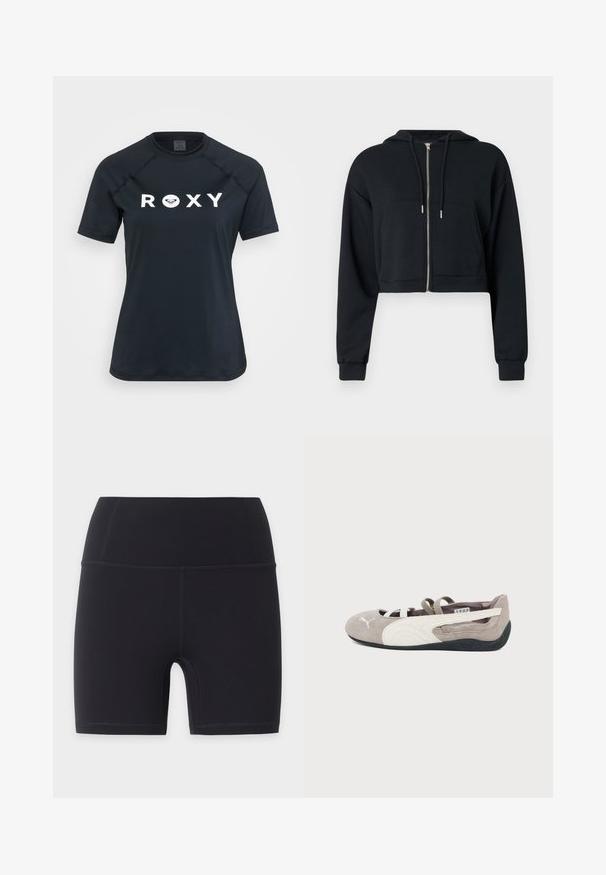 Kort sort hættetrøje lavet af blødt stof, med lynlås, forlommer og snore på hætten. Lange ærmer med tætsiddende manchetter.; Sort kortærmet rash guard lavet af strækbart materiale, med et hvidt "ROXY" logo på forsiden og en rund halsudskæring.; Sorte atletiske cykelshorts med høj talje og flade syninger, designet til en tætsiddende pasform og længde til midt på låret.; Lysebrun ruskind balletflat med hvid Puma-logo, hvid side-stribe, elastiske stropper og sort gummisål.