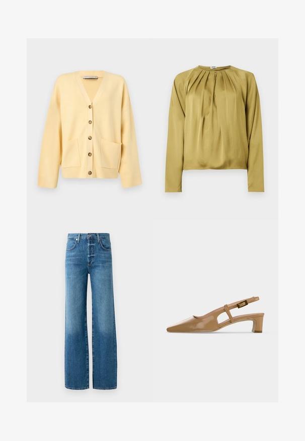 Cardigan amarillo claro con cuello en V, mangas largas, cinco botones delanteros y dos bolsillos en el dobladillo delantero.; Blusa de manga larga color verde oliva con cuello redondo, detalle plisado en el frente y textura suave y lisa. Sin herrajes ni detalles visibles.; Jeans de pierna ancha fabricados con denim azul claro. Presenta una cremallera de botones, trabillas para el cinturón y costuras en contraste. La tela tiene un efecto de lavado desgastado.; Zapato slingback de charol beige con punta afilada, tacón bajo tipo bloque y tira ajustable con hebilla sobre fondo blanco.