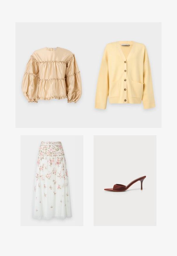 Lichtgele cardigan met V-hals, lange mouwen, vijf knopen aan de voorkant en twee zakken aan de voorste zoom.; Beige satijnen blouse met pofmouwen, gelaagd ontwerp en geplooide details langs de naden. Ronde halslijn met een sluiting aan de achterkant.; Witte tule rok met gelaagde roze bloemenborduursel en een aansluitende tailleband, met een kleine gestippelde textuur over de hele stof.; Bruine mule met open teen en hoge naaldhak, voorzien van een enkele brede band aan de voorkant.