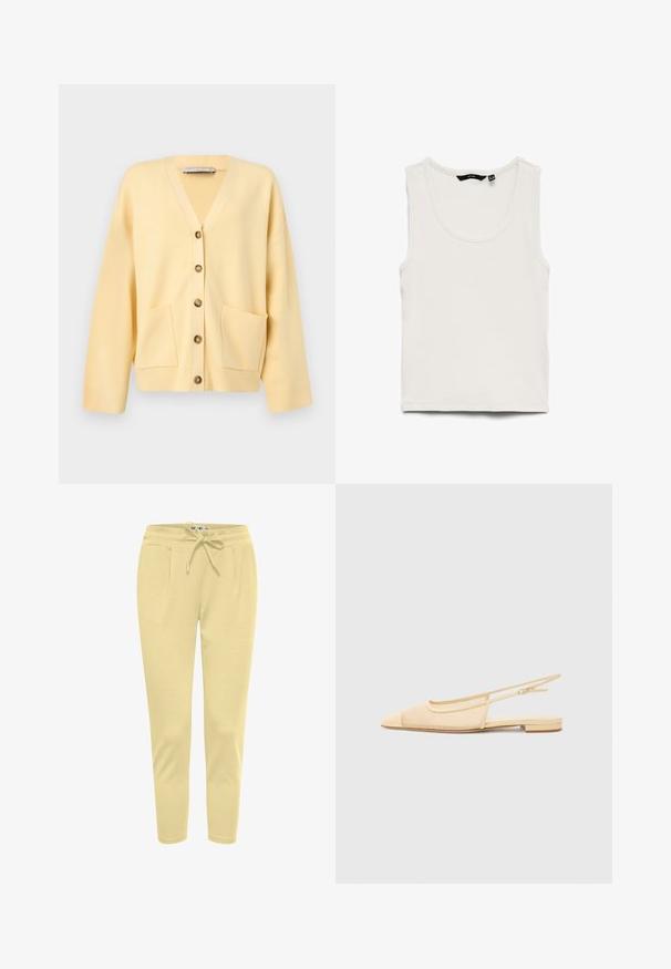 Lysegul cardigan med V-hals, lange ærmer, fem knapper foran og to lommer ved den forreste kant.; Hvid ribbet tanktop med rund halsudskæring og ærmeløs design, lagt fladt på en hvid baggrund.; Lysegule joggerbukser lavet af blødt stof, med en elastisk talje i livet og snøre, samt sidelommer.; Slingback fladsko i lys beige med en mesh-overdel, spids tå og en lav hæl. Har en justerbar strop for bedre pasform.