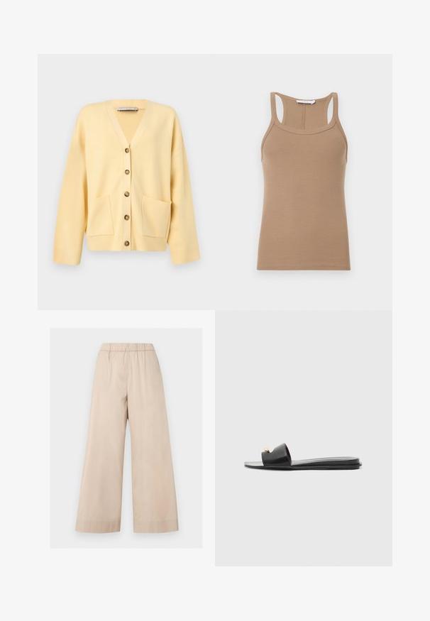 Cardigan jaune clair avec col en V, manches longues, cinq boutons à l'avant et deux poches sur le bas avant.; Débardeur beige en maille côtelée sans manches avec un dos nageur et un col rond, présenté à plat sur un fond clair.; Pantalon beige à jambes larges avec taille élastique et un ourlet simple, présenté sur un fond clair uni.; Sandales noires à glissière avec un large dessus, texture en cuir lisse, design à bout ouvert et détail doré sur la sangle. Semelle plate.