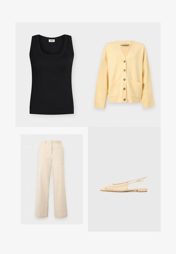 Cardigan jaune clair avec col en V, manches longues, cinq boutons à l'avant et deux poches sur le bas avant.; Débardeur noir côtelé sans manches avec larges bretelles et encolure ronde, étiquette de marque visible à l'intérieur du col.; Pantalon beige taille haute à jambes larges avec passants pour ceinture et détails de coutures, présenté à plat sur un fond gris clair.; Chaussure plate slingback en beige clair avec une tige en maille, un bout pointu et un petit talon. Dotée d'une sangle ajustable pour un bon maintien.