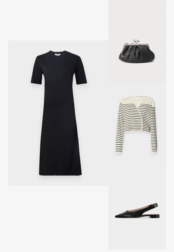 Geknipte cardigan in crème, met zwarte horizontale strepen. Ontworpen met een V-hals, lange mouwen en een dubbele knoopsluiting voor detail.; Filippa K Jerseyjurk - black; Zwarte leren slingback platte schoen met spitse neus en lage vierkante hak op een witte achtergrond.; Zwarte leren clutch met geplooide textuur, zilverkleurig metalen frame, drukknopsluiting en kettingriem. Glad, zacht oppervlak.