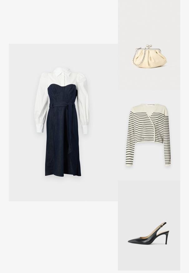 Geknipte cardigan in crème, met zwarte horizontale strepen. Ontworpen met een V-hals, lange mouwen en een dubbele knoopsluiting voor detail.; Denim jurk met een gestructureerde donkerblauwe lijfje en witte overhemdstijl mouwen. Heeft een getailleerde taille en bijpassend strikceintuur.; Zwarte leren slingback-hakken met een spitse neus, verstelbare band en een elegante stiletto-hak, met een gladde afwerking.; Geplooide beige leren clutch met een zilveren metalen frame, voorzien van twee ronde decoratieve sluitingen en een zilveren kettingriem.
