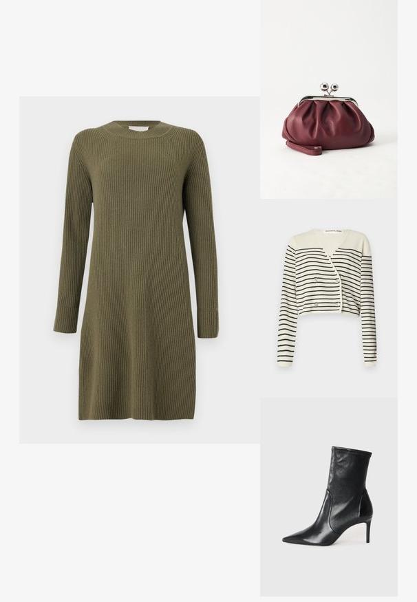 Cárdigan recortado en color crema, con rayas horizontales negras. Diseñado con escote en V, mangas largas y cierre de doble botonadura para más detalle.; CLOSED CREW NECK DRESS LONG SLEEVE - Vestido de punto - forest green; Botas negras hasta el tobillo hechas de cuero suave, con punta afilada, caña ajustada y tacón alto delgado. Diseño minimalista sin herrajes visibles.; Pequeño bolso de mano de cuero burdeos con cierre metálico plateado y correa de muñeca sobre un fondo blanco.