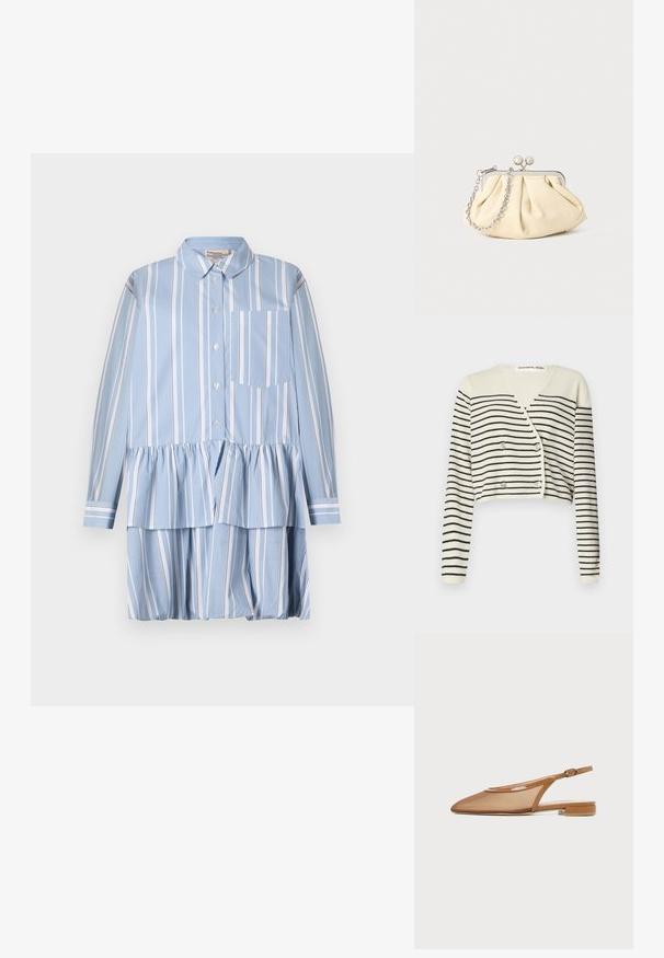 Cardigan court en crème, présentant des rayures noires horizontales. Conçu avec un col en V, des manches longues et une fermeture à double bouton pour plus de détail.; Robe chemise bleu clair à rayures verticales blanches, avec un bas volanté, des manches longues et une poche à rabat sur le côté gauche.; Chaussure plate à bride arrière marron avec bout pointu, fine bride avec boucle et petit talon bloc sur fond blanc.; Pochette en cuir beige plissé avec un cadre en métal argenté, dotée de deux fermoirs ronds décoratifs et d'une chaîne en argent.