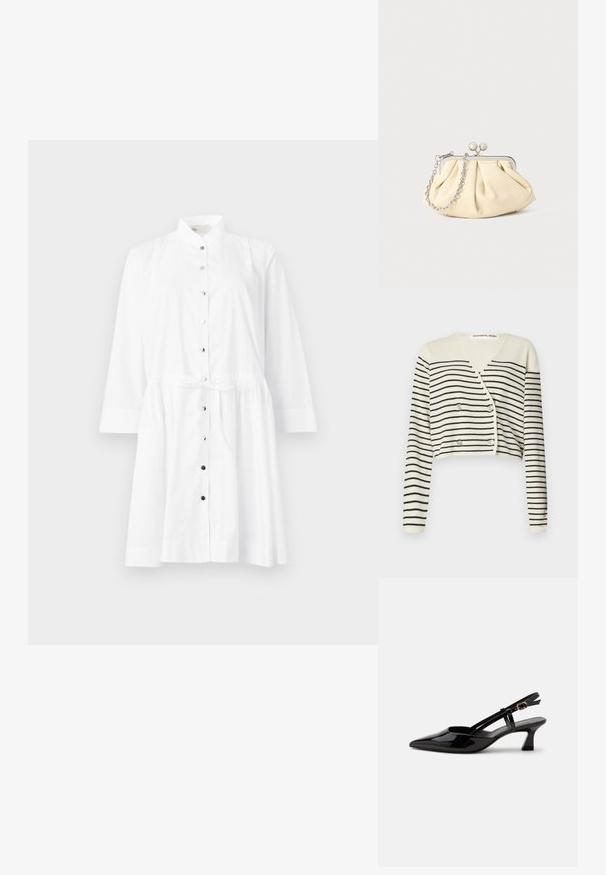 Afkortet cardigan i creme med sorte vandrette striber. Designet med V-hals, lange ærmer og dobbelte knapper som detalje.; Hvid skjortekjole med mandarin-krave, lange ærmer, indsnævret talje med bånd og kontrasterende sorte knapper langs forsiden.; Sort laklæderslingback med lille hæl, spids tå og justerbar guldlåsrem på hvid baggrund.; Plisseret beige læderclutch med en sølvmetalramme, der har to runde dekorative låse og en sølvkædetrasporte.