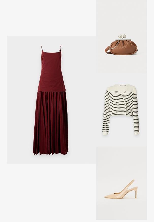 Cardigan court en crème, présentant des rayures noires horizontales. Conçu avec un col en V, des manches longues et une fermeture à double bouton pour plus de détail.; Robe sans manches bordeaux avec un haut ajusté et une jupe fluide plissée. Confectionnée en tissu léger, elle dispose de fines bretelles spaghetti.; Escarpin slingback en cuir verni nude avec un bout pointu, un décolleté ouvert et un talon aiguille fin. Comprend un accent doré circulaire sur la sangle.; Pochette en cuir marron avec un fermoir à boule en argent et un petit détail en chaîne argentée sur fond blanc.