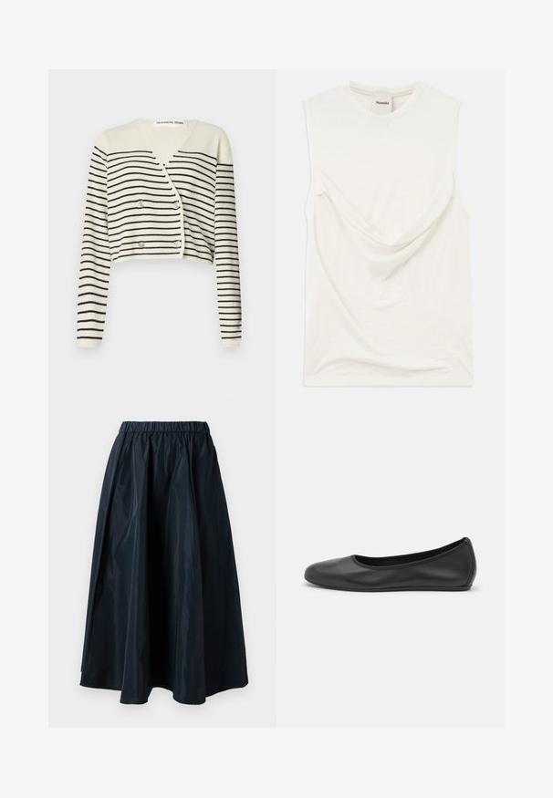 Cardigan court en crème, présentant des rayures noires horizontales. Conçu avec un col en V, des manches longues et une fermeture à double bouton pour plus de détail.; Haut sans manches blanc avec un détail drapé à l'avant, fabriqué en tissu doux et léger. Présente un col rond et une coupe décontractée.; Jupe longue noire en tissu brillant et léger. Dotée d'une taille élastique et d'un design fluide avec une finition lisse et propre.; Ballerines en cuir noir avec un bout rond, texture lisse, détails de couture minimalistes et design de semelle flexible.
