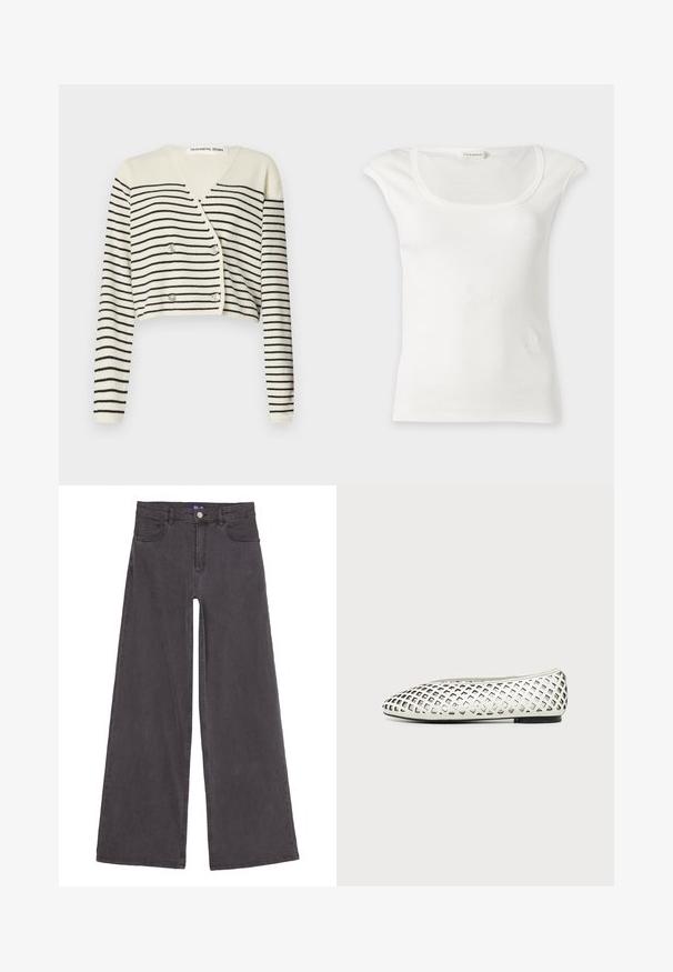 Gekürzter Cardigan in Creme mit schwarzen horizontalen Streifen. Entworfen mit einem V-Ausschnitt, langen Ärmeln und einer doppelten Knopfverschluss für Details.; Weißes geripptes ärmelloses Top mit Rundhalsausschnitt und kleinen Schulterpolstern, dargestellt vor einem schlichten hellen Hintergrund.; Schwarzweitt legged Jeans aus Denim, hergestellt aus Baumwollstoff. Verfügt über fünf Taschen, einen vorderen Knopfverschluss und gerade Nähte. Glatte Textur.; Weißer flacher Schuh mit einem Gittermuster aus diamantförmigen Aussparungen und einer schwarzen Sohle auf einfarbigem Hintergrund.