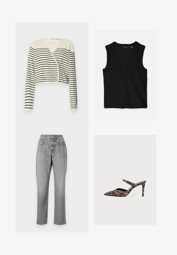 Cardigan court en crème, présentant des rayures noires horizontales. Conçu avec un col en V, des manches longues et une fermeture à double bouton pour plus de détail.; Haut noir sans manches en tricot côtelé avec un col en V profond et une coupe ajustée, posé à plat sur un fond blanc.; CLOSED JONTA - Jean boyfriend - mid grey; Mule à talon haut à bout pointu avec motif léopard et une fine bride sur le dessus du pied.