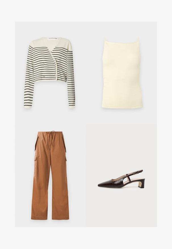 Cardigan court en crème, présentant des rayures noires horizontales. Conçu avec un col en V, des manches longues et une fermeture à double bouton pour plus de détail.; Haut caraco en maille côtelée couleur crème avec fines bretelles et encolure droite sur un fond neutre.; Pantalons cargo marron à jambes larges en tissu léger, avec une taille élastique et un cordon de serrage ainsi que des poches latérales.; Chaussure slingback en cuir marron foncé à texture crocodile, bout pointu, talon bas bloc et bride ajustable avec boucle dorée.