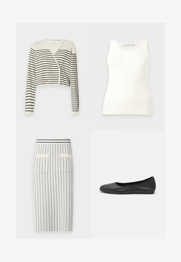 Afkortet cardigan i creme med sorte vandrette striber. Designet med V-hals, lange ærmer og dobbelte knapper som detalje.; Hvid, ribstrikket, ærmeløs tanktop med rund halsudskæring, tætsiddende pasform og mærkeetiket på indersiden af bagkraven.; Strikpencilskørt i lysegrå med mørke lodrette striber, der har en ribbet talje og to baglommer. Glat tekstur.; Sort læderballetsko med rund tå, glat tekstur, minimal syning og et fleksibelt såldesign.