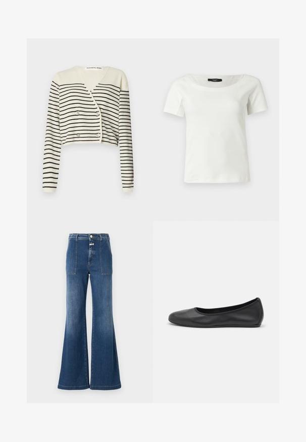 Cardigan court en crème, présentant des rayures noires horizontales. Conçu avec un col en V, des manches longues et une fermeture à double bouton pour plus de détail.; Haut blanc en coton à manches courtes pour femmes avec un large col rond sur un fond clair uni.; Jeans évasés taille haute en denim bleu moyen avec une finition délavée. Dotés de poches plaquées et d'une fermeture à bouton. Ourlet propre.; Ballerines en cuir noir avec un bout rond, texture lisse, détails de couture minimalistes et design de semelle flexible.