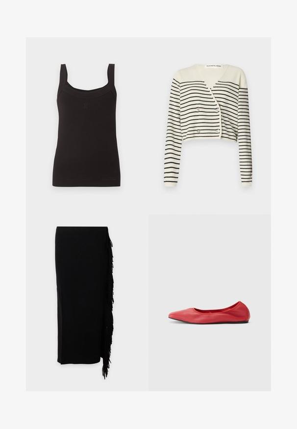 Cardigan court en crème, présentant des rayures noires horizontales. Conçu avec un col en V, des manches longues et une fermeture à double bouton pour plus de détail.; Débardeur noir côtelé sans manches avec encolure carrée et larges bretelles, avec un petit logo discret au centre devant.; Jupe midi noire côtelée avec détail de franges sur un côté, coupe droite et taille haute.; Filippa K REY FLATS - Ballerines - bright red