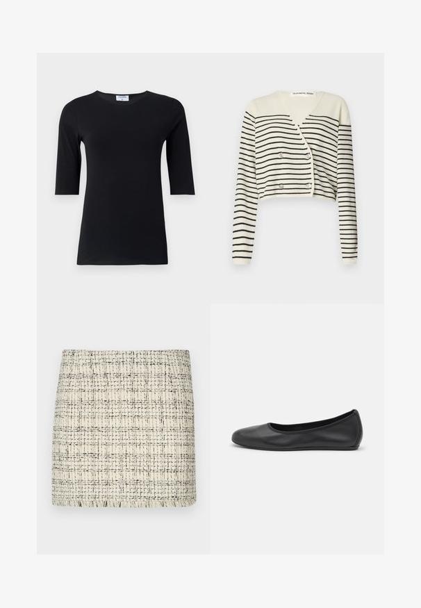 Cardigan court en crème, présentant des rayures noires horizontales. Conçu avec un col en V, des manches longues et une fermeture à double bouton pour plus de détail.; Haut noir à manches longues fabriqué en tissu doux et extensible. Dispose d'un col rond et d'une silhouette ajustée avec des manches de longueur intermédiaire.; Jupe mini en tweed crème et noir, présentant un motif texturé avec une coupe droite et un ourlet frangé pour plus de détail.; Ballerines en cuir noir avec un bout rond, texture lisse, détails de couture minimalistes et design de semelle flexible.