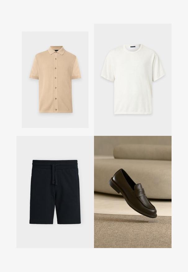Polo beige à manches courtes avec panneau avant texturé, fermeture boutonnée et manches lisses sur un fond clair uni.; Pull blanc à manches courtes avec col rond côtelé et ourlet droit sur un fond gris clair.; Shorts en maille texturée noire avec taille élastique et cordon, équipés de poches latérales, présentés à plat sur fond blanc.; Un seul mocassin en cuir brun foncé flottant au-dessus d’un tapis texturé beige, avec un canapé beige flou en arrière-plan.