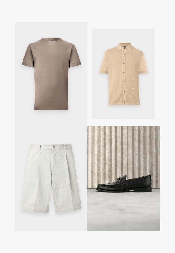 Beige poloshirt met korte mouwen, een gestructureerd voorpaneel, knoopsluiting en gladde mouwen op een effen lichte achtergrond.; Bruine t-shirt met korte mouwen van gladde stof, met een ronde halslijn en afgebiesde mouwen, met een schone, eenvoudige uitstraling.; Lichtgrijze korte broek van gestructureerde stof, met knoopsluiting, plooien en een rechte snit, geschikt voor casual draagstijl.; Zwarte leren loafer met gouden metalen gesp en "HUGO" branding, weergegeven tegen een beige tapijt en bruin doorschijnend meubilair.