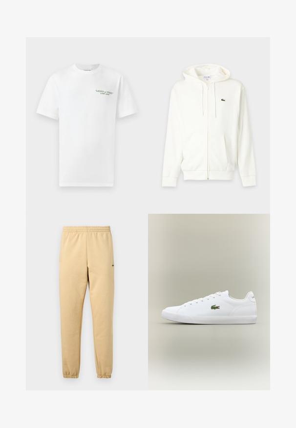 Sweat à capuche blanc zippé avec poches avant, capuche à cordon et petit logo crocodile Lacoste vert sur la poitrine gauche.; T-shirt blanc à manches courtes avec le texte vert "LACOSTE on TENNIS" par René Lacoste sur le haut gauche de la poitrine.; Pantalon de jogging beige avec taille élastique et poignets, arborant un petit logo crocodile vert brodé sur la cuisse droite.; Baskets blanches en cuir avec une semelle en caoutchouc texturé, arborant un logo crocodile brodé vert sur le côté et un branding minimal.
