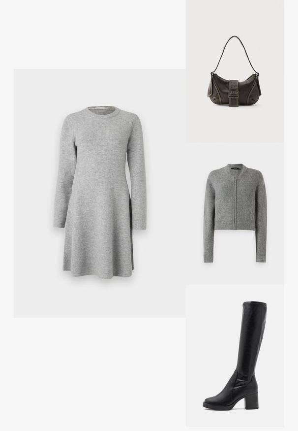 Grijze gebreide korte cardigan met rits, lange mouwen en ribbels aan de mouwen tegen een witte achtergrond.; Grijze langslavend dress van zachte stof; heeft een ronde halslijn en een ontspannen pasvorm, die iets uitloopt aan de zoom met zijsplitten.; Zwarte kniehoge laarzen van gladleer met een chunky hak en een ronde neus. Heeft een naadloos ontwerp en subtiele stiksels.; Zwarte leren schoudertas met gespsluiting aan de riem, afgeronde hoeken en contrasterende witte stiksels op een effen achtergrond.