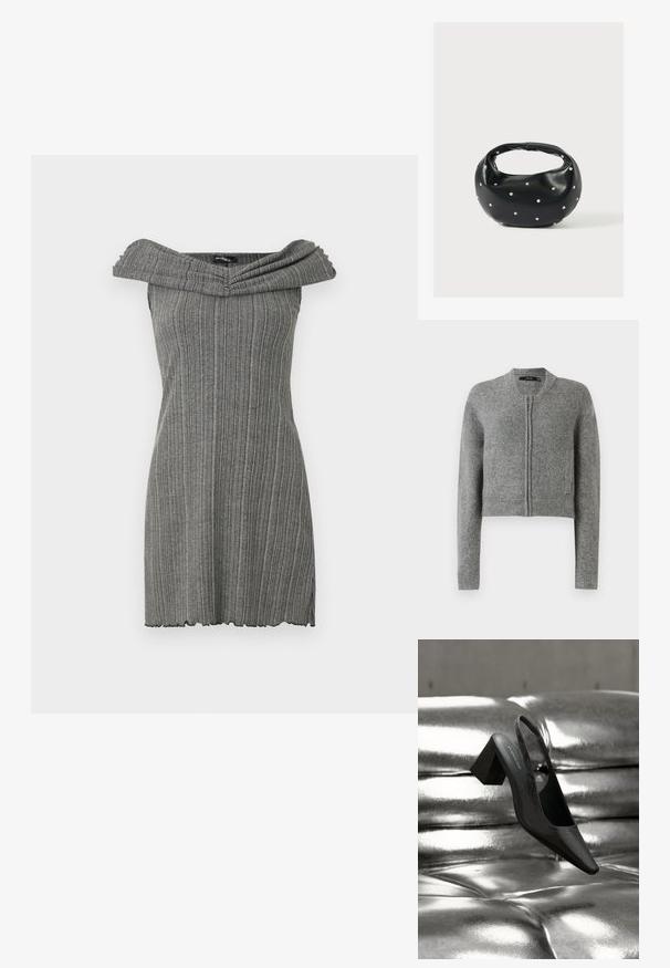Sivý pletený krátky cardigan na zips s dlhými rukávmi a rebrovanými manžetami na bielom pozadí.; Šedé šaty s odkrytými ramenami, s vertikálnou ryhovanou textúrou, širokým prehnutým výstrihom a vlnitým lemom.; Čierny podpätok so zadným pásikom a špicatou špičkou, s textúrovaným povrchom a hrubým blokovým podpätkom. Položený na lesklom kovovom pozadí.; Čierna kožená kabelka s zaobleným tvarom, zdobená striebornými cvočkami a krátkym rúčkou. Hladká textúra a zapínanie na zips.