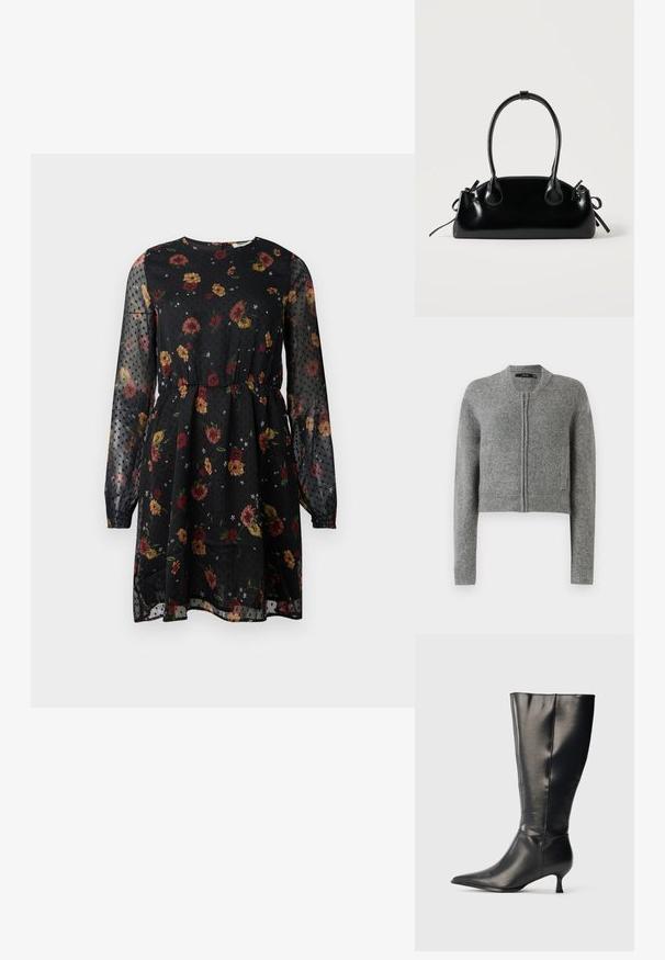 Sivý pletený krátky cardigan na zips s dlhými rukávmi a rebrovanými manžetami na bielom pozadí.; Čierne kvetinové šaty zo sieťoviny. Majú dlhé puff rukávy, okrúhly výstrih, elastický pás a bodkovaný vzor s rôznymi kvetmi.; Čierna kožená čižma po kolená so špicatou špičkou a nízkym podpätkom typu kitten, zobrazená na jednoduchom svetlom pozadí.; Malá čierna lesklá kabelka s dvoma dlhými rúčkami a bočnými šnúrkovými detailmi na jednoduchom svetlom pozadí.