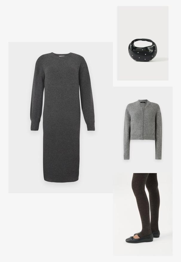 Grå strikket cropped cardigan med lynlås og lange ærmer samt ribbede manchetter på en hvid baggrund.; Mørkegrå strikket kjole med lange ærmer, rund halsudskæring og ribbede manchetter. Længden går til midt på læggen og har en glat tekstur. Enkel design uden mønstre.; Ben iført mørke ribbede leggings kombineret med sorte balletsko med små sløjfedetaljer på hvid baggrund.; Sort læderhåndtaske med en rundet form, dekoreret med sølvnitter, og et kort håndtag. Glat tekstur og lynlåslukning.