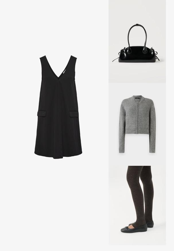 Grå strikket cropped cardigan med lynlås og lange ærmer samt ribbede manchetter på en hvid baggrund.; Sort ærmeløs V-hals kjole med forlommer og A-line silhuet.; Ben iført mørke ribbede leggings kombineret med sorte balletsko med små sløjfedetaljer på hvid baggrund.; Lille sort blank håndtaske med to lange håndtag og snøre-detaljer i siden på en ensfarvet lys baggrund.