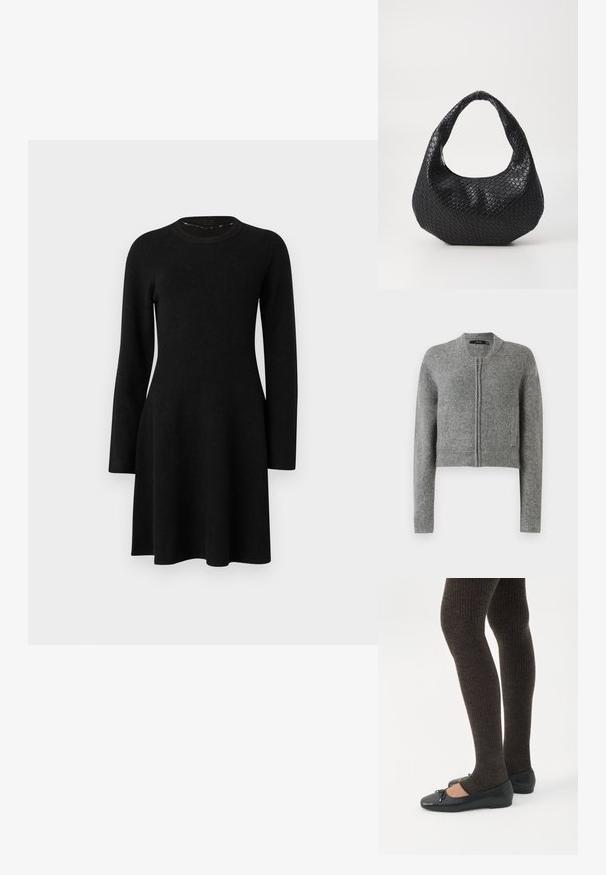 Cardigan court zippé en tricot gris avec des manches longues et des poignets côtelés sur un fond blanc.; Robe noire à manches longues en tissu doux. Dotée d'un col rond, d'un corsage ajusté et d'une jupe évasée, avec une texture lisse. Sans motifs ni accents.; Jambes portant des leggings côtelés foncés associés à des ballerines noires avec de petits détails en nœud sur fond blanc.; Sac à main tissé noir avec une poignée courbée, présentant une surface texturée et une forme décontractée. Fini lisse avec une silhouette organique.