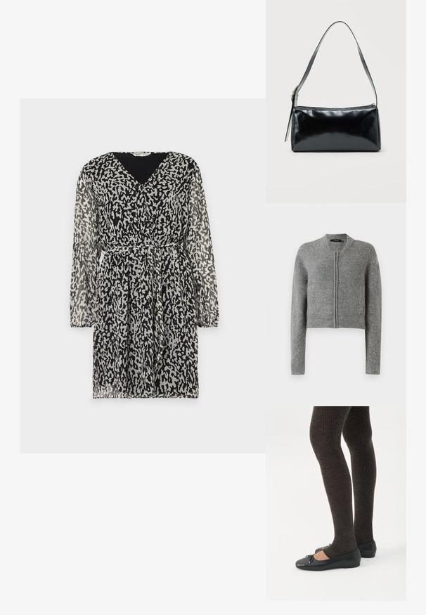 Grå strikket cropped cardigan med lynlås og lange ærmer samt ribbede manchetter på en hvid baggrund.; Sømløs sort kjole med et abstrakt hvidt og gråt leopardmønster, V-hals, lange ærmer og en belagt talje for fremhævelse.; Ben iført mørke ribbede leggings kombineret med sorte balletsko med små sløjfedetaljer på hvid baggrund.; Sort rektangulær skuldertaske med en enkelt justerbar rem og lynlås i toppen på en ensfarvet baggrund.