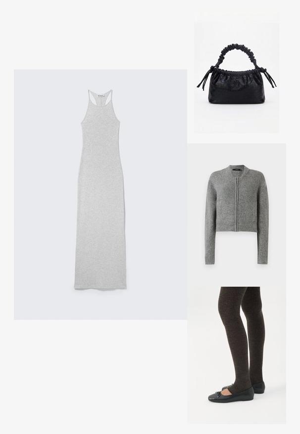Cardigan court zippé en tricot gris avec des manches longues et des poignets côtelés sur un fond blanc.; Robe longue gris clair, sans manches, coupe moulante avec style dos nageur et étiquette "WEEKDAY" à l'intérieur du col.; Jambes portant des leggings côtelés foncés associés à des ballerines noires avec de petits détails en nœud sur fond blanc.; Sac à main noir avec texture crocodile, bord supérieur froncé, poignée plissée et pompons à cordon de chaque côté sur fond blanc.
