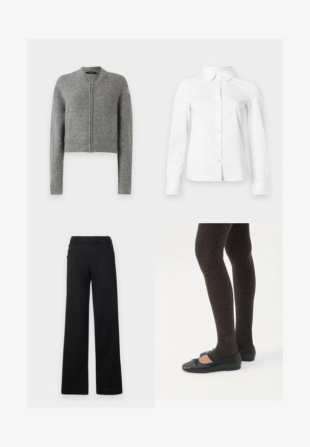 Grå strikket cropped cardigan med lynlås og lange ærmer samt ribbede manchetter på en hvid baggrund.; Hvid skjorte med lange ærmer, knapper, spids krave, lige kant og tætsiddende silhuet, vist på en ensartet lys baggrund.; Sorte brede bukser med høj talje, knapdetaljer på siderne og en glat denimtekstur med en ren finish.; Ben iført mørke ribbede leggings kombineret med sorte balletsko med små sløjfedetaljer på hvid baggrund.