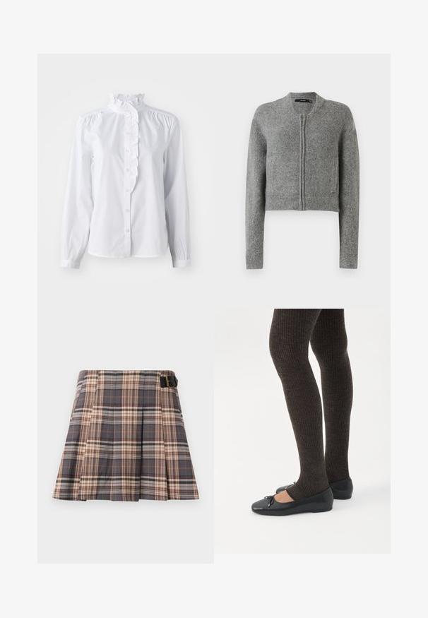 Grå strikket cropped cardigan med lynlås og lange ærmer samt ribbede manchetter på en hvid baggrund.; Hvid skjorte med lange ærmer, flæset høj krave og lodret flæseaccent foran. Letvægts bomuldsstof.; Rutig nederdel i grå, beige og rustfarver; har plisseringer, en spænde detalje og et struktureret design. Fremstillet af et vævet stof.; Ben iført mørke ribbede leggings kombineret med sorte balletsko med små sløjfedetaljer på hvid baggrund.