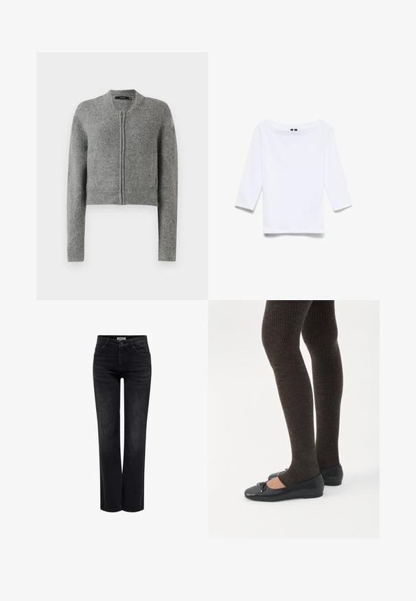 Grå strikket cropped cardigan med lynlås og lange ærmer samt ribbede manchetter på en hvid baggrund.; Hvid skjorte med trekvartlange ærmer lavet af bomuldsblandingsstof; har en bred bådudskæring og en glat, let tekstur.; ONLY Straight fit ONLBLUSH Mid waist - Jeans Straight Leg - washed black; Ben iført mørke ribbede leggings kombineret med sorte balletsko med små sløjfedetaljer på hvid baggrund.