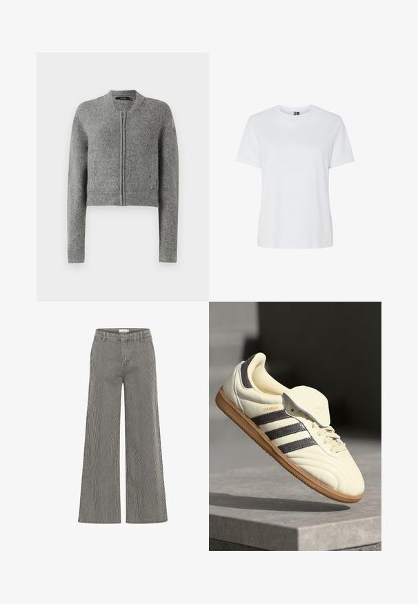 Grå strikket cropped cardigan med lynlås og lange ærmer samt ribbede manchetter på en hvid baggrund.; Simpel hvid T-shirt med korte ærmer og rund hals vist på en hvid baggrund uden synlige mønstre eller logoer.; Sort-hvide stribede vide bukser med høj talje, der har bæltestropper og en glat overflade. Velegnet til både afslappet og formelt brug.; Cremefarvede lædersneakers med tre mørke striber, en brun gummisål og en afrundet tå. Har en foldbar tunge mærket "SAMBA."