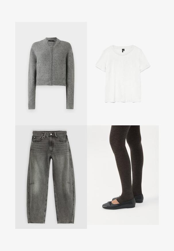 Sivý pletený krátky cardigan na zips s dlhými rukávmi a rebrovanými manžetami na bielom pozadí.; Biela tričko s krátkym rukávom a okrúhlym výstrihom, vyrobené z ľahkého materiálu. Jednoduchý dizajn, hladká textúra a rovný lem.; Šedé vysoké džínsy s umelým opotrebovaním, s piatimi vreckami, zapínaním na gombík a voľným rovnomerným strihom.; Nohy v tmavých pásikavých legínach v kombinácii s čiernymi balerínkami s malými mašličkami na bielom pozadí.