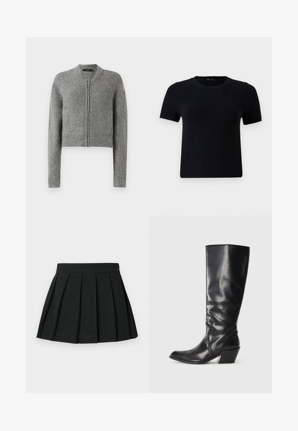 Cardigan court zippé en tricot gris avec des manches longues et des poignets côtelés sur un fond blanc.; T-shirt noir à manches courtes avec un col rond, fabriqué en tissu doux. Présente une coupe classique et un design épuré et simple.; Jupe plissée noire en tissu texturé. Dispose d'une taille et d'un léger motif écossais tout au long. Longueur courte avec des plis superposés.; Botte en cuir noir montante jusqu'au genou avec un bout pointu, un talon angulaire et une texture lisse. Présente une subtile couture sur le côté.