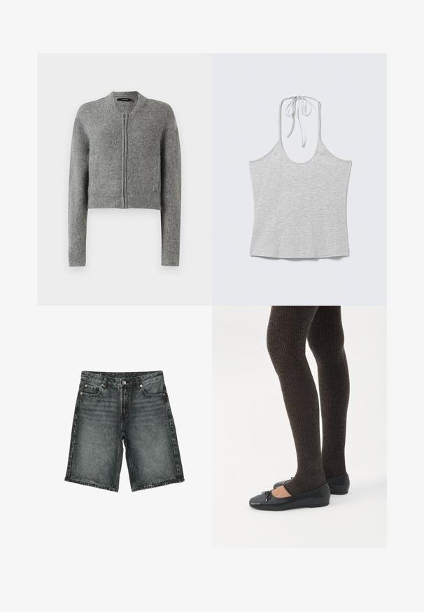 Cardigan court zippé en tricot gris avec des manches longues et des poignets côtelés sur un fond blanc.; Haut sans manches gris clair à col halter avec un nœud au niveau du cou, posé à plat sur un fond blanc.; Short en denim noir délavé avec bouton devant, fermeture éclair, passants de ceinture et design à cinq poches, posé à plat sur fond blanc.; Jambes portant des leggings côtelés foncés associés à des ballerines noires avec de petits détails en nœud sur fond blanc.
